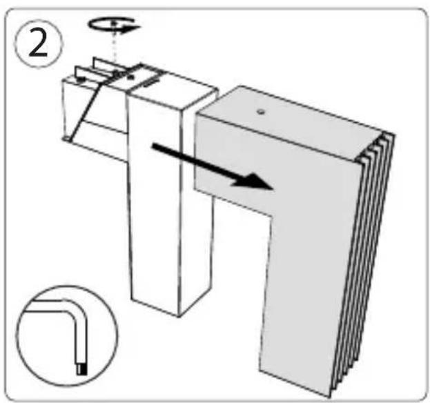 Technical diagram showing a mechanical assembly with labeled components and directional arrows, including a magnified inset of a bent pipe.