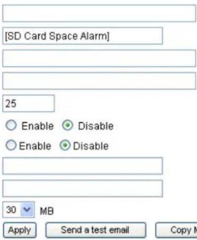 [SD Card Space Alarm] 25 Enable Disable Enable Disable 30 MB Apply Send a test email Copy M