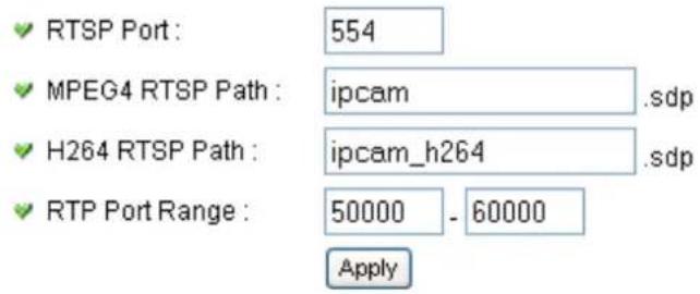 RTSP Port : 554 MPEG4 RTSP Path : ipcam .sdp H264 RTSP Path : ipcam_h264 .sdp RTP Port Range : 50000 - 60000 Apply