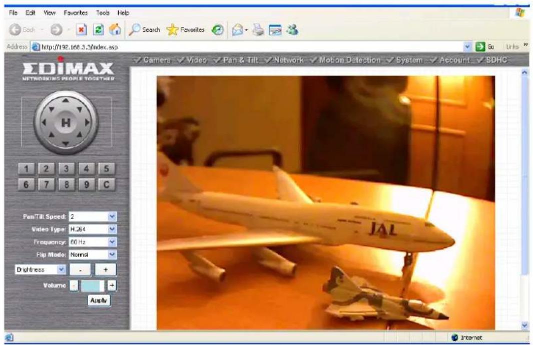 File Edit View Favorites Tools Help Search Favorites Address http://192.168.3.3/index.asp SDIMAX NETWORKING PEOPLE TOGETHER Camera - Video - Pan & Tilt - Network - Motion Detection - System - Account - SDHC Pan/Till Speed: 2 Video Type: H.264 Frequency: 00 Hz Flip Mode: Normal Droughtress - + Volume - + Apply JAL