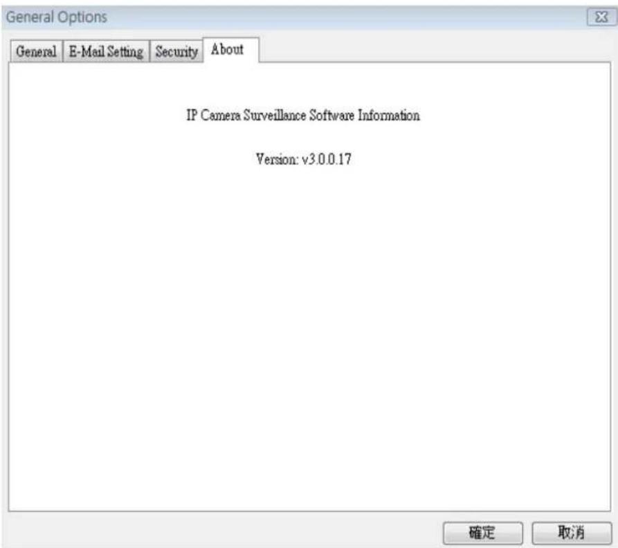 General Options General E-Mail Setting Security About IP Camera Surveillance Software Information Version: v3.0.0.17 確定 取消