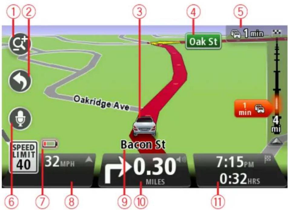 1 2 3 4 5 Oak St 1 min Oakridge Ave 1 min 4 mi Bacon St SPEED LIMIT 40 32 MPH 0.30 MILES 7:15 PM 0:32 HRS 6 7 8 9 10 11