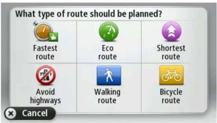 What type of route should be planned? Fastest route Eco route Shortest route Avoid highways Walking route Bicycle route Cancel