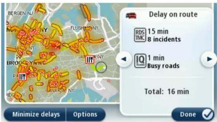 BERGEN NJ FLUSHI NY BROO GYN NC PAN LOTN NC JANARIE NY Delay on route RDS 15 min TMC 8 incidents IQ 1 min Busy roads Total: 16 min Minimize delays Options Done