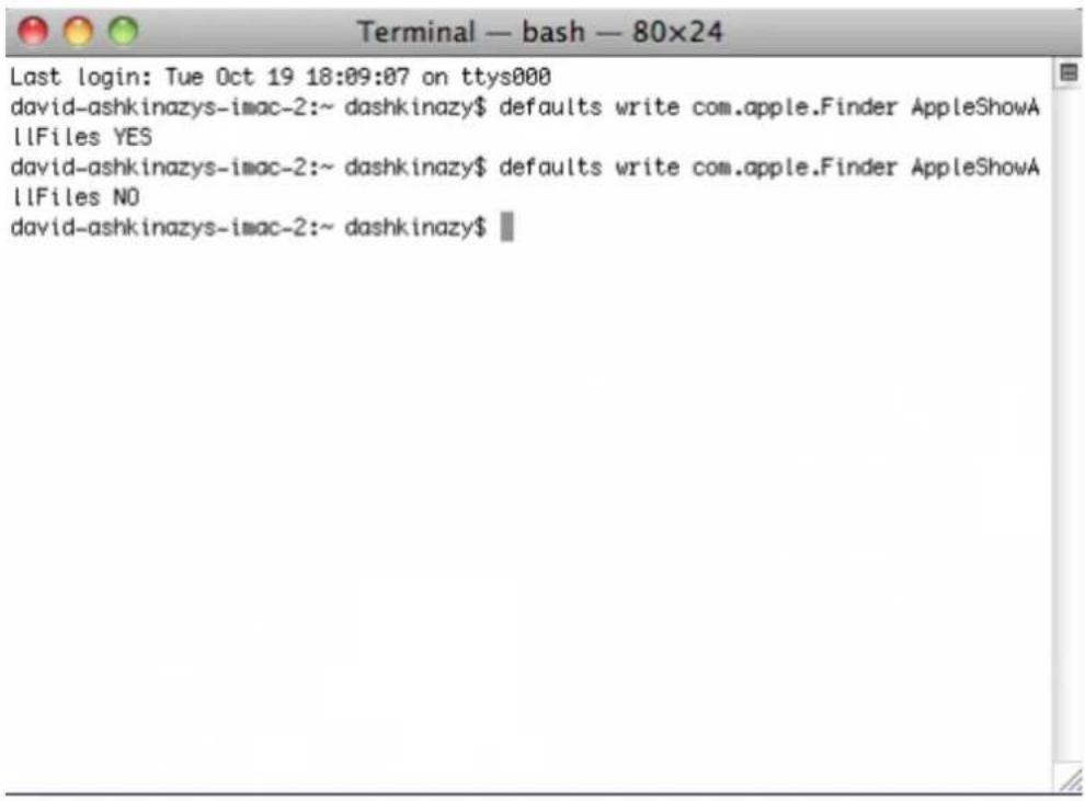 Terminal — bash — 80x24 Last login: Tue Oct 19 18:09:07 on ttys000 david-ashkinazys-imac-2:~ dashkinazy$ defaults write com.apple.Finder AppleWebKitA llFiles YES david-ashkinazys-imac-2:~ dashkinazy$ defaults write com.apple.Finder AppleWebKitA llFiles NO david-ashkinazys-imac-2:~ dashkinazy$