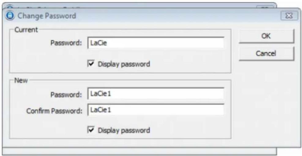 Change Password Current Password: LaCie ✓ Display password New Password: LaCie1 Confirm Password: LaCie1 ✓ Display password OK Cancel