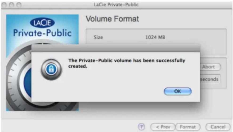 LaCie Private-Public Volume Format Size 1024 MB The Private-Public volume has been successfully created. OK < Prev Format Cancel