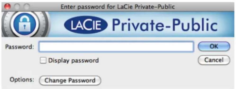 Enter password for LaCie Private-Public LACIE Private-Public Password: OK Display password Cancel Options: Change Password