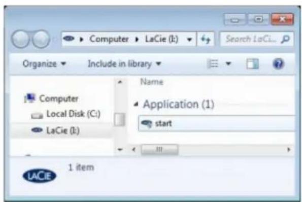 Computer > LaCie (k) Search LaCl... Organize Include in library Name Application (1) start Computer Local Disk (C:) LaCie (k) 1 item