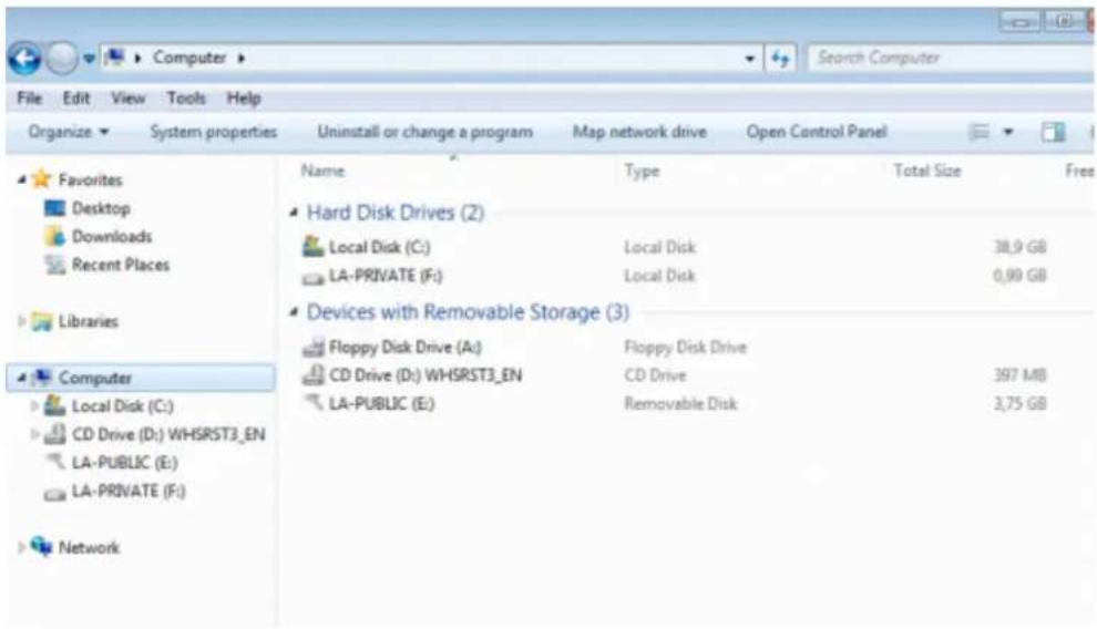 File Edit View Tools Help Organize ▼ System properties Uninstall or change a program Map network drive Open Control Panel Favorites Desktop Downloads Recent Places Libraries Computer Local Disk (C:) CD Drive (D:) WHSRST3_EN LA-PUBLIC (E:) LA-PRIVATE (F:) Network Name Type Total Size Free Hard Disk Drives (2) Local Disk (C:) Local Disk 38.9 GB LA-PRIVATE (F:) Local Disk 0.99 GB Devices with Removable Storage (3) Floppy Disk Drive (A:) Floppy Disk Drive CD Drive (D:) WHSRST3_EN CD Drive 397 MB LA-PUBLIC (E:) Removable Disk 3.75 GB