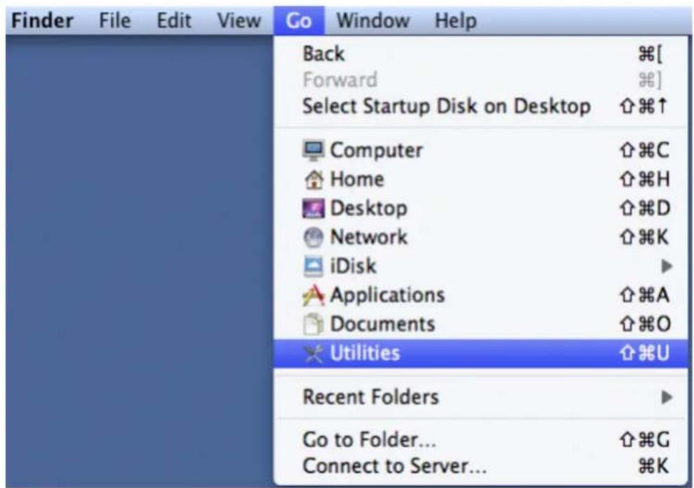 Finder File Edit View Go Window Help Back Forward Select Startup Disk on Desktop Computer Home Desktop Network iDisk Applications Documents Utilities Recent Folders Go to Folder... Connect to Server... ⌘[ ] ⌘] ⌘↑ ⌘C ⌘H ⌘D ⌘K ▶ ⌘A ⌘O ⌘U