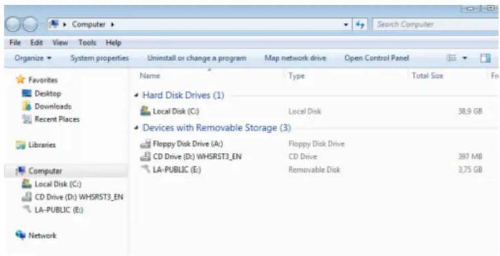 File Edit View Tools Help Organize ▼ System properties Uninstall or change a program Map network drive Open Control Panel Favorites Desktop Downloads Recent Places Libraries Computer Local Disk (C:) CD Drive (D:) WHSRST3_EN LA-PUBLIC (E:) Network Name Type Total Size Fn Hard Disk Drives (1) Local Disk (C:) Local Disk 38,9 GB Devices with Removable Storage (3) Floppy Disk Drive (A:) Floppy Disk Drive CD Drive (D:) WHSRST3_EN CD Drive 397 MB LA-PUBLIC (E:) Removable Disk 3,75 GB