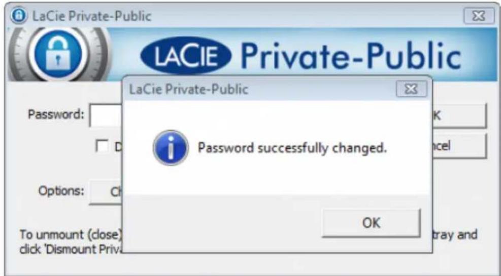 LaCie Private-Public Password: Options: To unmount (close) click 'Dismount Privat' Password successfully changed. OK