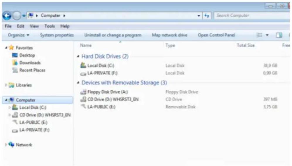 File Edit View Tools Help Organize ▼ System properties Uninstall or change a program Map network drive Open Control Panel Favorites Desktop Downloads Recent Places Libraries Computer Local Disk (C:) CD Drive (D:) WHSRST3_EN LA-PUBLIC (E:) LA-PRIVATE (F:) Network Name Type Total Size Free Hard Disk Drives (2) Local Disk (C:) Local Disk 38,9 GB LA-PRIVATE (F:) Local Disk 0,99 GB Devices with Removable Storage (3) Floppy Disk Drive (A:) Floppy Disk Drive CD Drive (D:) WHSRST3_EN CD Drive 397 MB LA-PUBLIC (E:) Removable Disk 3,75 GB