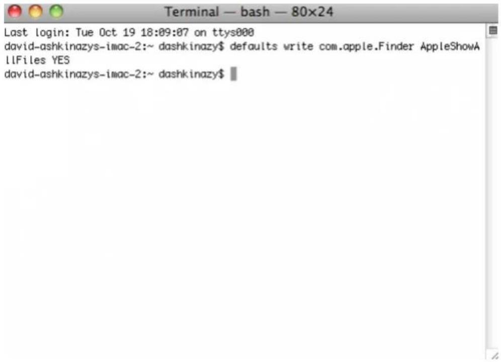 Terminal — bash — 80x24 Last login: Tue Oct 19 18:09:07 on ttys000 david-ashkinazys-imac-2:~ dashkinazy$ defaults write com.apple.Finder AppleWebKitA llFiles YES david-ashkinazys-imac-2:~ dashkinazy$