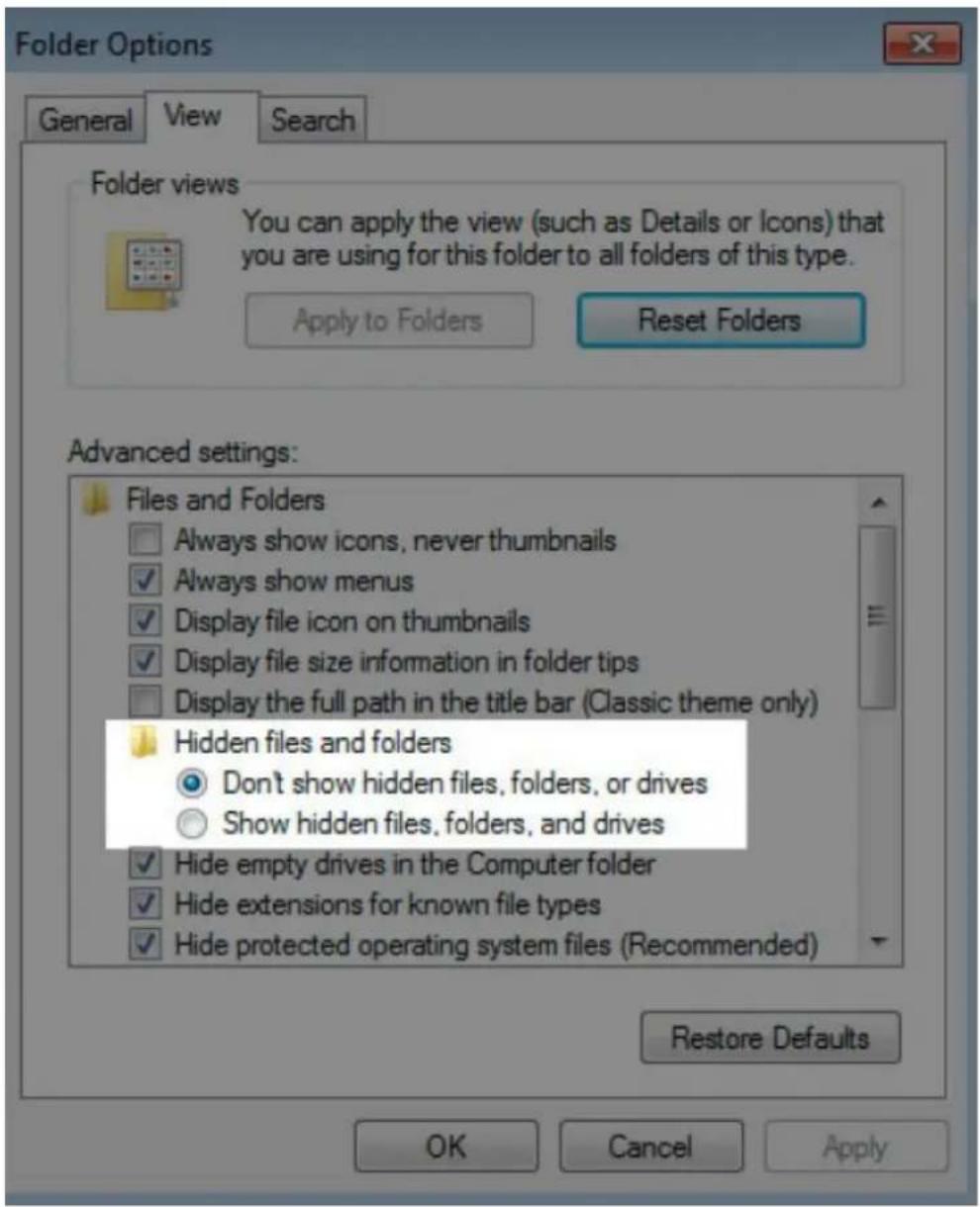 Folder Options General View Search Folder views You can apply the view (such as Details or Icons) that you are using for this folder to all folders of this type. Apply to Folders Reset Folders Advanced settings: Files and Folders Always show icons, never thumbnails Always show menus Display file icon on thumbnails Display file size information in folder tips Display the full path in the title bar (Classic theme only) Hidden files and folders Don't show hidden files, folders, or drives Show hidden files, folders, and drives Hide empty drives in the Computer folder Hide extensions for known file types Hide protected operating system files (Recommended) Restore Defaults OK Cancel Apply