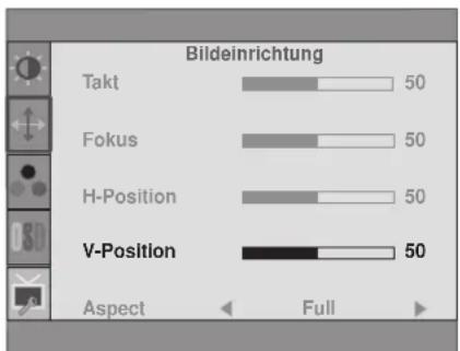Bildeinrichtung Takt 50 Fokus 50 H-Position 50 V-Position 50 Aspect Full