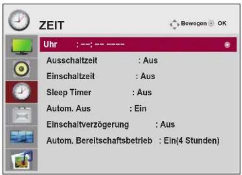 ZEIT Uhr : ---: --- ---- Ausschaltzeit : Aus Einschaltzeit : Aus Sleep Timer : Aus Autom. Aus : Ein Einschaltverzögerung : Aus Autom. Bereitschaftsbetrieb : Ein(4 Stunden)