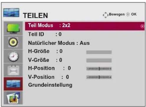 TEILEN Teil Modus : 2x2 Teil ID : 0 Natürlicher Modus : Aus H-Größe : 0 V-Größe : 0 H-Position : 0 V-Position : 0 Grundeinstellung
