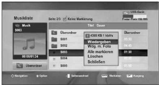 Musikliste Seite 2/3 Keine Markierung Titel Dauer Musk S003 Überordner S001 S002 S003 S004 S005 Überordner 4395 KB 1 kbitris Wiedergeben Wdg. m. Foto Alle markieren Löschen Schließen Überordner 01:30 02:37 01:30 USG-Geräte Freier Platz 156 Mb Navigation Option Sellenverschalt WO2 Markinen Ausgang