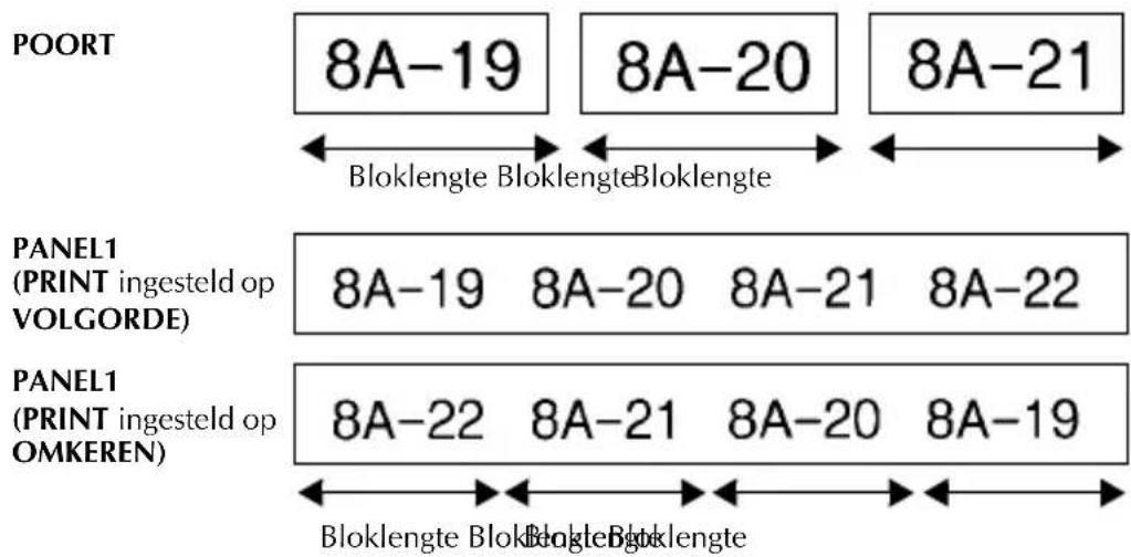 POORT 8A-19 8A-20 8A-21 ← Bloklengte Bloklengte Bloklengte ← PANEL1 (PRINT ingesteld op VOLGORDE) 8A-19 8A-20 8A-21 8A-22 PANEL1 (PRINT ingesteld op OMKEREN) 8A-22 8A-21 8A-20 8A-19 ← Bloklengte Bloklengte Bloklengte ←