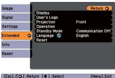 Image Signal Settings Extended Info Reset Display User's Logo Projection Operation Standby Mode Language Reset Return Front Communication Off English [Esc] / [◆] : Return [◆] : Select [Menu] : Exit