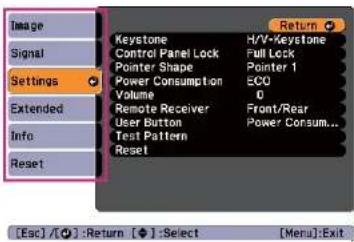 Image Signal Settings Extended Info Reset Keystone H/V-Keystone Control Panel Lock Full Lock Pointer Shape Pointer 1 Power Consumption ECO Volume 0 Remote Receiver Front/Rear User Button Power Consum... Test Pattern Reset [Esc] / [O]: Return [◆]: Select [Menu]: Exit