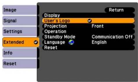 Image Signal Settings Extended Info Reset Display User's Logo Projection Operation Standby Mode Language Reset Return Front Communication Off English