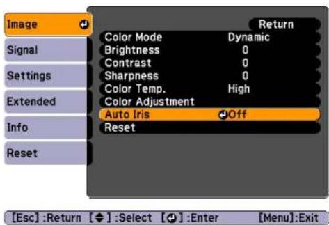 Image Signal Settings Extended Info Reset Color Mode Dynamic Brightness 0 Contrast 0 Sharpness 0 Color Temp. High Color Adjustment Auto Iris Off Reset Return [Esc] :Return [◆] :Select [●] :Enter [Menu]:Exit