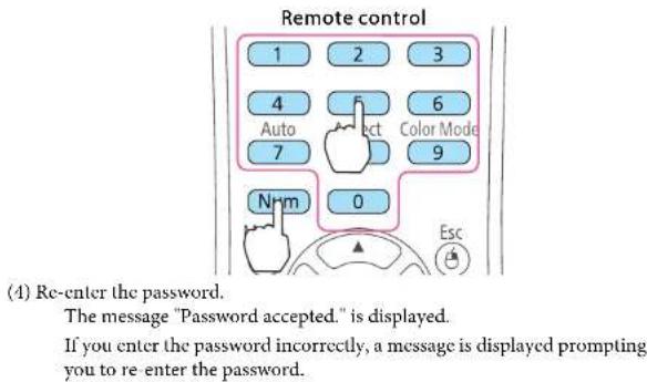 Remote control 1 2 3 4 5 6 Auto Act Color Mode 7 9 N-m 0 Esc (4) Re-enter the password. The message "Password accepted." is displayed. If you enter the password incorrectly, a message is displayed prompting you to re enter the password.