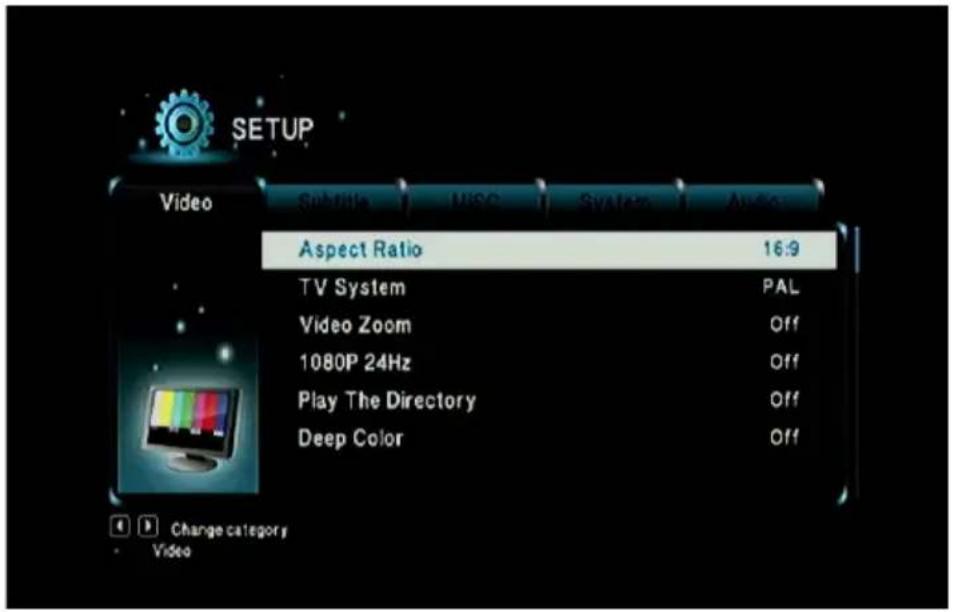 SETUP Video SubVita WISC System Audio Aspect Ratio 16:9 TV System PAL Video Zoom Off 1080P 24Hz Off Play The Directory Off Deep Color Off Change category Video
