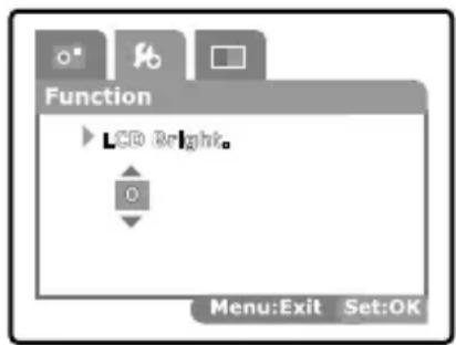 Function: LCD Bright. Menu:Exit Set:OK