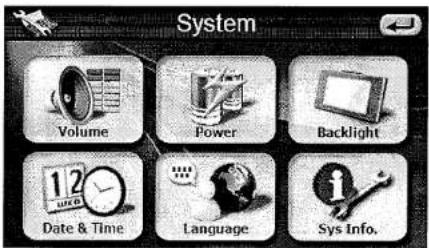 System Volume Power Backlight 12 Date & Time Language Sys Info.