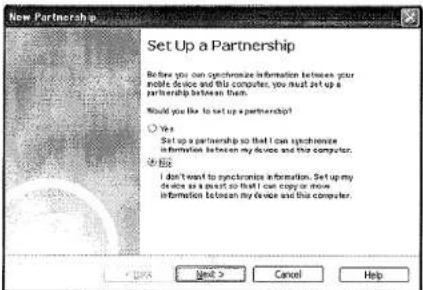 New Partnership Set Up a Partnership Before you can synchronize information between your mobile device and this computer, you must set up a partnership between them. Would you like to set up a partnership? Yes Set up a partnership so that I can synchronize information between my device and this computer. No. I don't want to synchronize information. Set up my device as a peer so that I can copy or move information between my device and this computer.