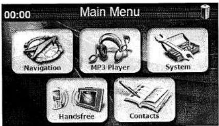 00:00 Main Menu Navigation MP3 Player System Handsfree Contacts