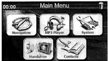 00:00 Main Menu Navigation MP3 Player System Handsfree Contacts