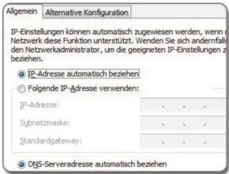 Allgemein Alternative Konfiguration IP-Einstellungen können automatisch zugewiesen werden, wenn Netzwerk diese Funktion unterstützt. Wenden Sie sich andernfalls den Netzwerkadministrator, um die geeigneten IP-Einstellungen z beziehen. IP-Adresse automatisch beziehen Folgende IP-Adresse verwenden: IP-Adresse: . . . Subnetzmaske: . . . Standardgateway: . . . DNS-Serveradresse automatisch beziehen