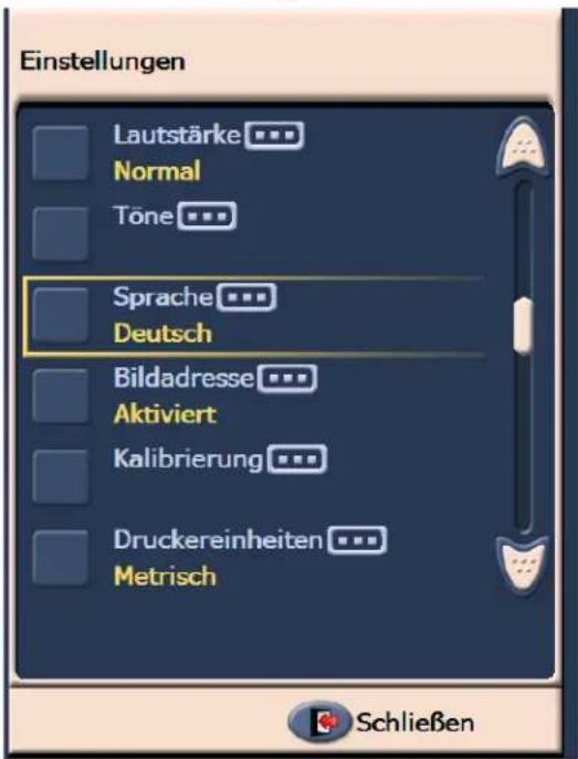 Einstellungen Lautstärke Normal Töne Sprache Deutsch Bildadresse Aktiviert Kalibrierung Druckereinheiten Metrisch Schließen