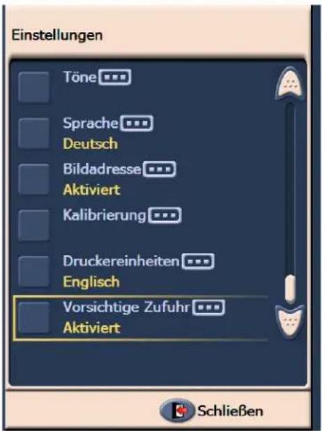 Einstellungen Töne Sprache Deutsch Biladresse Aktiviert Kalibrierung Druckereinheiten Englisch Vorsichtige Zufuhr Aktiviert Schließen