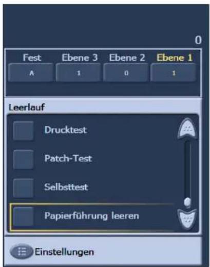 Fest Ebene 3 Ebene 2 Ebene 1 A 1 0 1 Leerlauf Drucktest Patch-Test Selbsttest Papierführung leeren Einstellungen