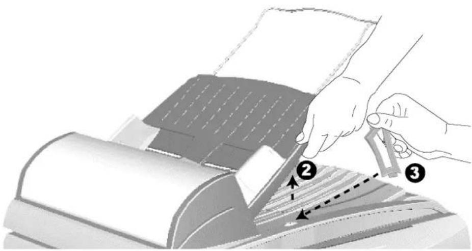 Diagram illustrating a procedure on printer printing with labeled steps ② and ③, showing hand positioning and alignment.