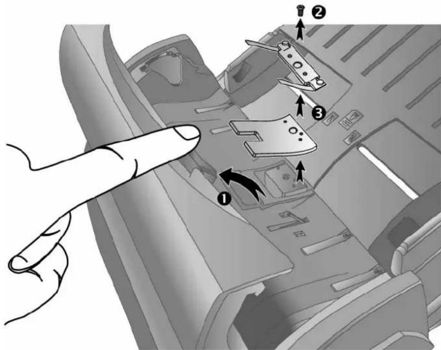 Diagram showing a hand interacting with a device component, labeled with numbered parts and directional arrows indicating movement or assembly.