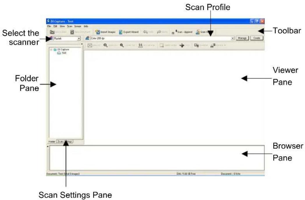 Scan Profile Select the scanner Toolbar Folder Pane Viewer Pane Browser Pane Scan Settings Pane Document: Text (Total Images) Disk: 9.66 GB free Document: 0 byte