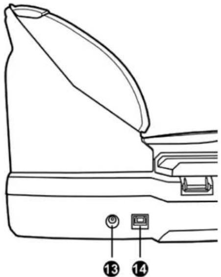 Technical diagram of a device rear panel with labeled buttons and ports, numbered 13 and 14