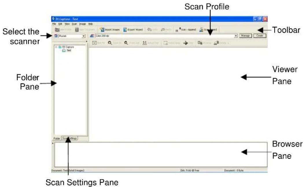Scan Profile Select the scanner Folder Pane Scan Settings Pane Toolbar Viewer Pane Browser Pane Document: Text (Total 0 Images) Disk: 9.66 KB Free Document: 0 Byte