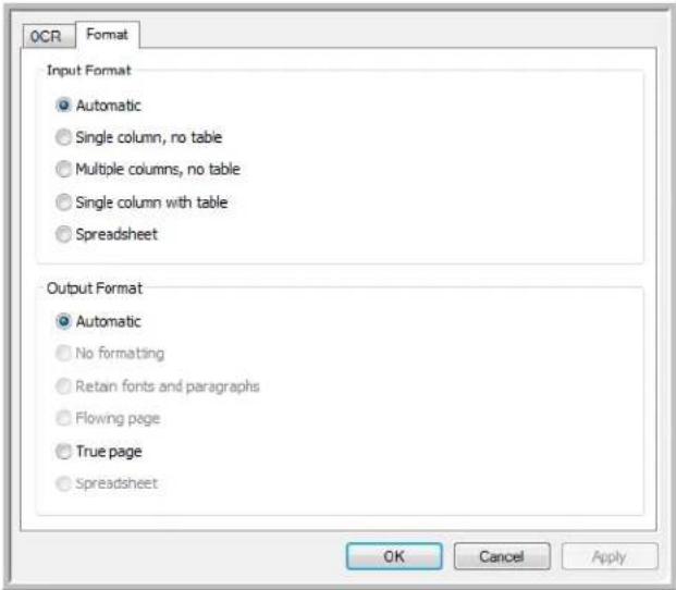 OCR Format Input Format Automatic Single column, no table Multiple columns, no table Single column with table Spreadsheet Output Format Automatic No formatting Retan fonts and paragraphs Flowing page True page Spreadsheet OK Cancel Apply