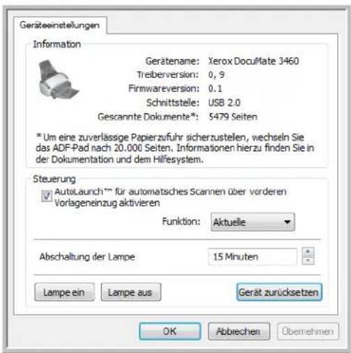 Geräteinstellungen Information Gerätename: Xerox DocuMate 3460 Treiberverversion: 0, 9 Firmwareversion: 0.1 Schnittstelle: USB 2.0 Gescannte Dokumente*: 5479 Seiten * Um eine zuverlässige Papierzufuhr sicherzustellen, wechseln Sie das ADF-Pad nach 20.000 Seiten. Informationen hierzu finden Sie in der Dokumentation und dem Hilfesystem. Steuerung AutoLaunch*** für automatisches Scannen über vorderen Vorlageneinzug aktivieren Funktion: Aktuelle Abschaltung der Lampe 15 Minuten Lampe ein Lampe aus Gerät zurücksetzen OK Abbrecchen Übernehmen