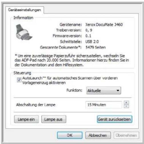 Geräteinstellungen Information Gerätename: Xerox DocuMate 3460 Treiberversion: 0, 9 Firmwareversion: 0.1 Schnittstelle: USB 2.0 Gescannte Dokumente*: 5479 Seiten * Um eine zuverlässige Papierzufuhr sicherzustellen, wechseln Sie das ADF-Pad nach 20.000 Seiten. Informationen hierzu finden Sie in der Dokumentation und dem Hilfesystem. Steuerung AutoLaunch*** für automatisches Scannen über vorderen Vorlageneinzug aktivieren Funktion: Aktuelle Abschaltung der Lampe 15 Minuten Lampe ein Lampe aus Gerät zurücksetzen OK Abbrecchen Übernehmen