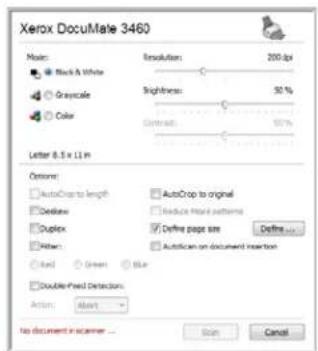 Xerox DocuMate 3460 Notes: Black & White Gray-scale Color Letter 0.5 x 11 in Options: AutoCrash to length Declease Duplex Other: Red Green Blue Double-Panel Detection: Action: Alert Resolution: 200 dpi Sightness: 50 % Contrast: 50 % AutoCrash to original Reduce Point patterns Define page size Define... Autolcan on document insertion No document in scanner ...