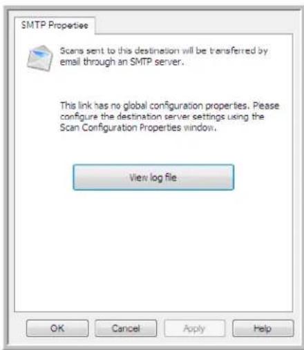 SMTP Properties Scans sent to this destination will be transferred by email through an SMTP server. This link has no global configuration properties. Please configure the destination server settings using the Scan Configuration Properties window. View log file OK Cancel Apply Help
